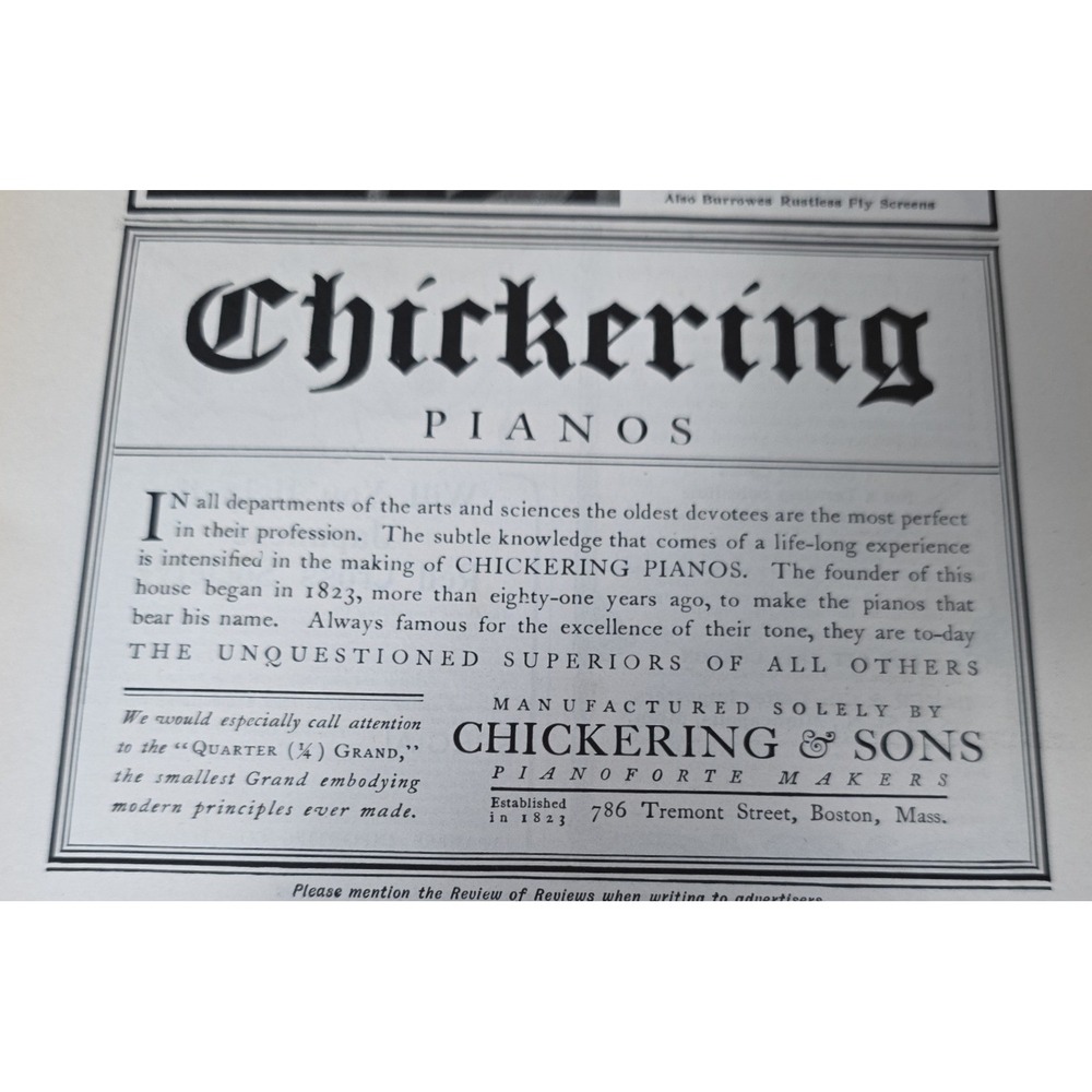 1903 Chickering Pianos Original Print Ad Boston Quarter Grand Advertisement